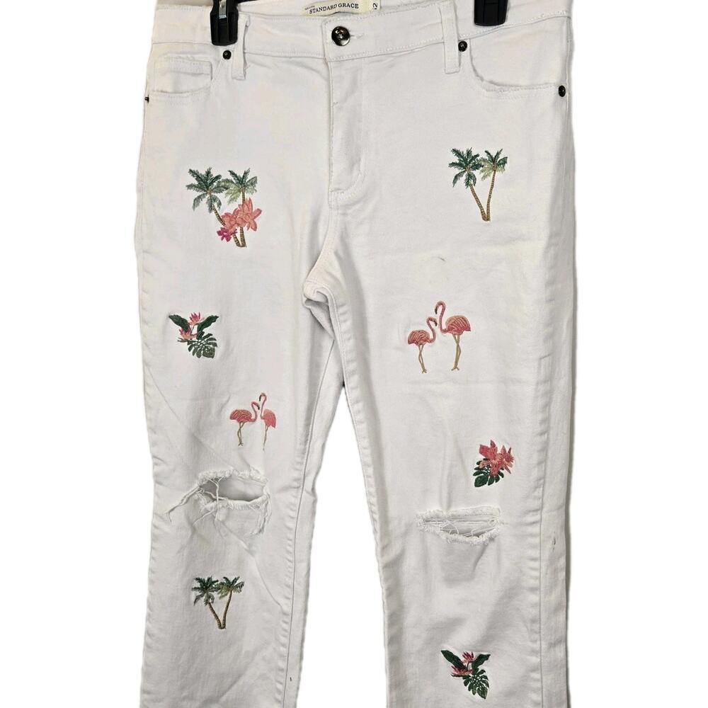 Standard Grace Jeans White Embroidered Flamingos Palm Trees Distressed Sz 12